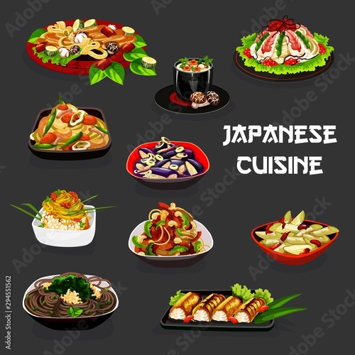Japanese noodles with vegetable salads and fish