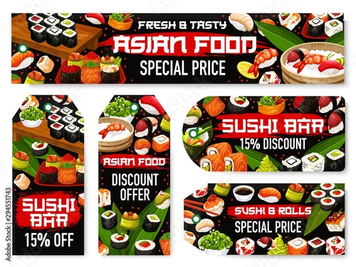 Japanese sushi sale tags. Fish rolls, nigiri, maki