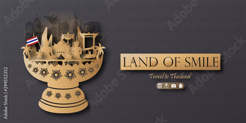 Thailand Travel postcard panorama, poster, tour advertising of world famous landmarks of Thailand in paper cut style. Vector illustration.