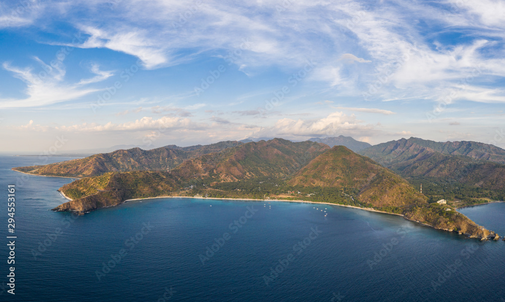 Stunning aerial view of the coast and beaches in Lombok near Senggigi in Indonesia
