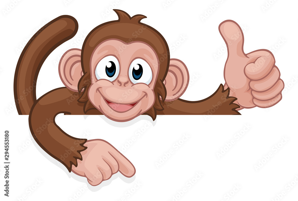 A monkey cartoon character animal peeking over a sign and pointing at it  while doing a thumbs up Stock Vector | Adobe Stock