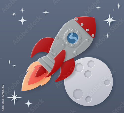 A space rocket ship in cartoon paper craft style flying in front of a moon