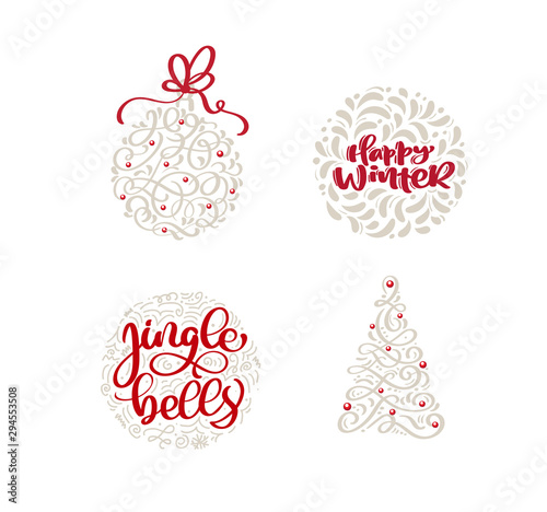 Merry Christmas vector scandinavian greeting card template set with vintage style elements and trendy holiday text quotes. Bundle Doodle Illustration in red pastel color