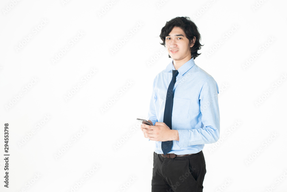 Business man is holding smart phone on white background Business man is holding smart phone on white background