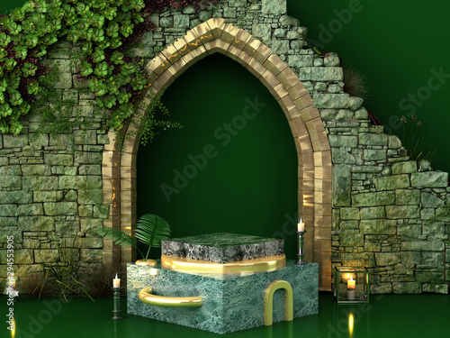 green marble podium for product presentation Against the background of an old stone wall 3d remder image photo