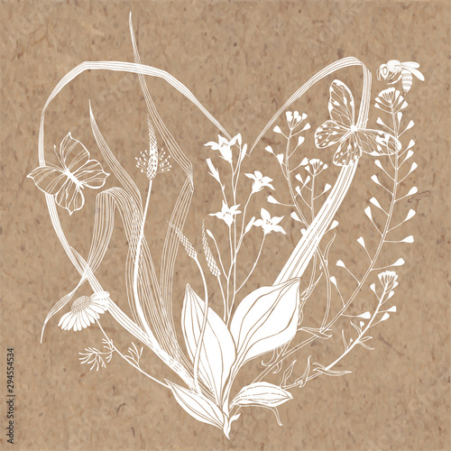 Floral vector background with meadow wildherbs in the shape of a heart and place for text on kraft paper. Invitation, greeting card or an element for your design.