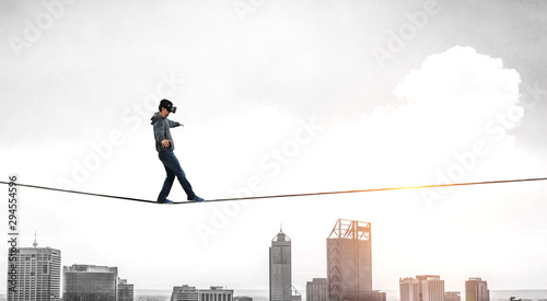 Virtual reality experience. Man wearing VR headset