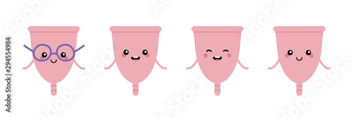 Set, collection of cute cartoon style menstrual cups characters for zero waste periods design.