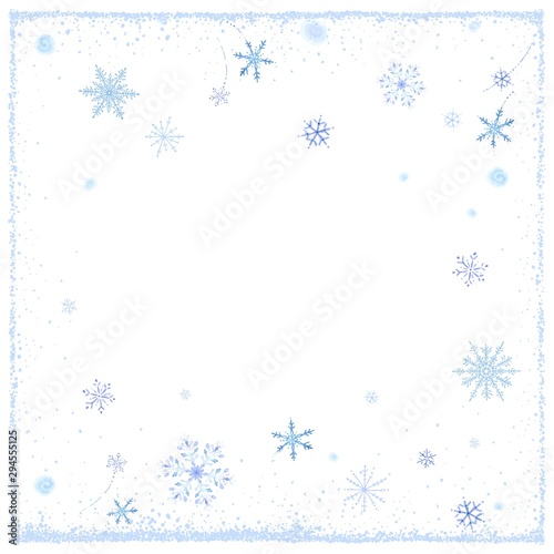 Christmas holiday frame with swirling and snowfall snowflakes, vector winter illustration on white background.