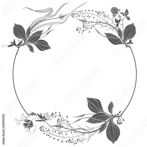 Floral round frame with wildflowers, herbs and space for text. Vector illustration on white. Invitation, greeting card or an element for your design. Silhouette.