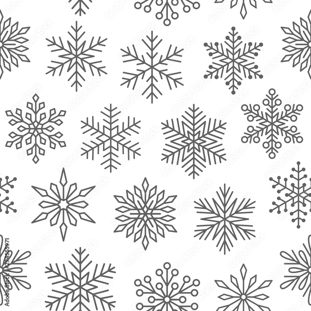 Christmas, new year seamless pattern, snowflakes line illustration. Vector icons of winter holidays, cold season snowfall. Celebration xmas card black white repeated background Christmas, new year seamless pattern, snowflakes line illustration. Vector icons of winter holidays, cold season snowfall. Celebration xmas card black white repeated background