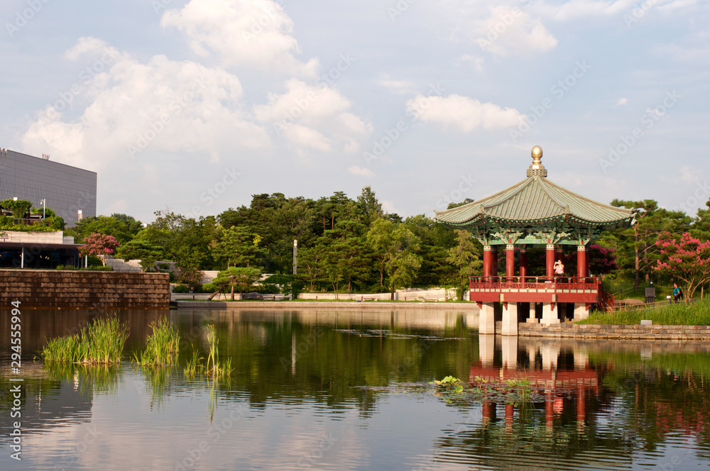 Pagoda with pond in summer in Seoul