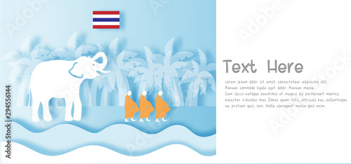Thailand Travel postcard panorama, poster, tour advertising of world famous landmarks of Thailand in paper cut style.