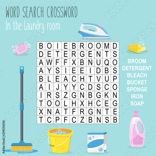 Easy word search crossword puzzle 'In the laundry room', for children in elementary and middle school. Fun way to practice language comprehension and expand vocabulary. Includes answers. 