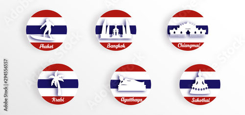 City of Thailand in paper cut style. Flag and Landmarks of Thailand Vectors Illustration