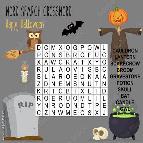 Easy word search crossword puzzle 'Happy Halloween', for children in elementary and middle school. Fun way to practice language comprehension and expand vocabulary. Includes answers. 