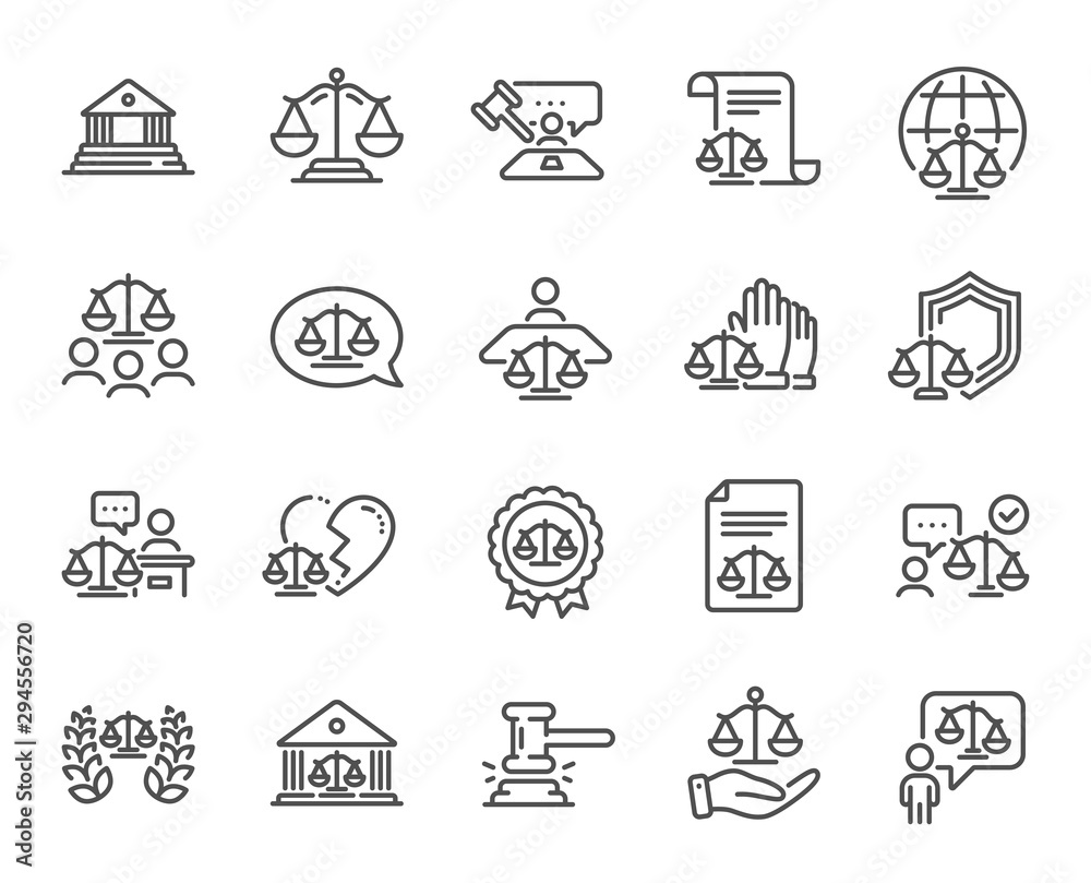 Court line icons. Scales of Justice, Lawyer and Judge. Hammer, Law and Petition document set icons. Judgment, justice, court injunction. Gavel judge hammer, rulings, presiding officer. Vector - obrazy, fototapety, plakaty 