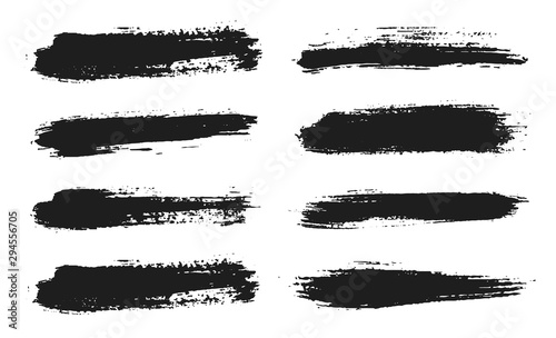 Brush lines set. Vector black paint, ink brush stroke. Dirty artistic design element. Black ink painbrush dash. Grunge drawing stroke. Frame or background for text. Vector set