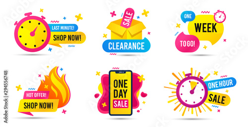 Sale timer badges. Last minute banner, one day sales and hot offer stickers. Clearance sale promotions, best deal badge, happy hours promo icon. One week to go countdown. Vector icons set