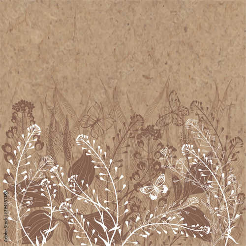 Floral vector background with meadow wildherbs and place for text on kraft paper. Invitation, greeting card or an element for your design. photo