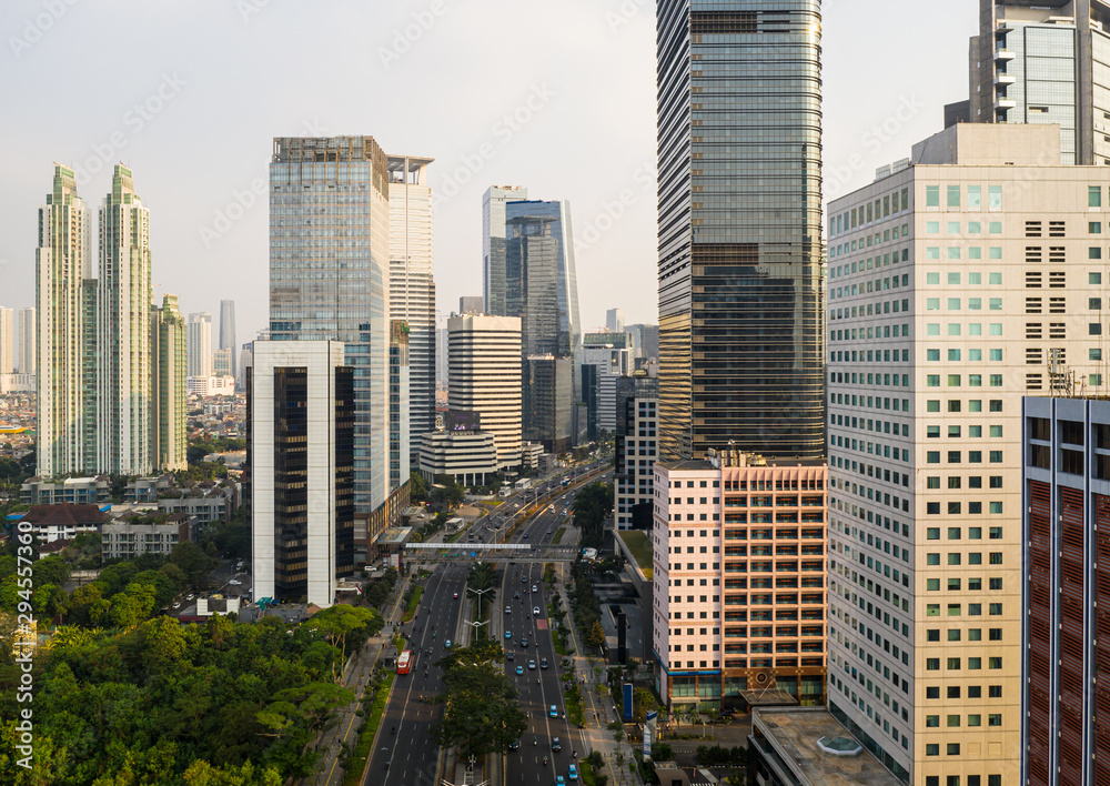 Fototapeta premium Modern skyscrapers and luxury condo towers in the heart of Jakarta business district along Sudirman street in Indonesia capital city