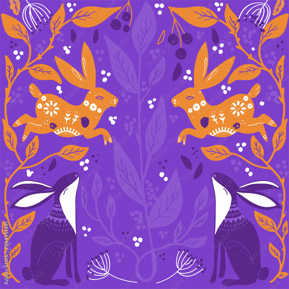 scandinavian pattern with bunny and flowers