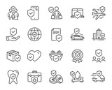 Insurance line icons. Health care, risk, help service. Car accident, flood insurance, flight protection icons. Safety document, money savings, delivery risk. Car full coverage. Vector