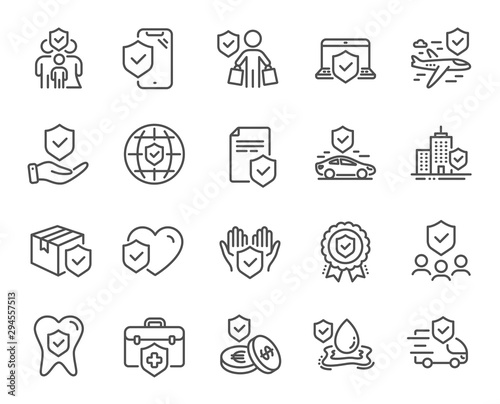 Insurance line icons. Health care  risk  help service. Car accident  flood insurance  flight protection icons. Safety document  money savings  delivery risk. Car full coverage. Vector