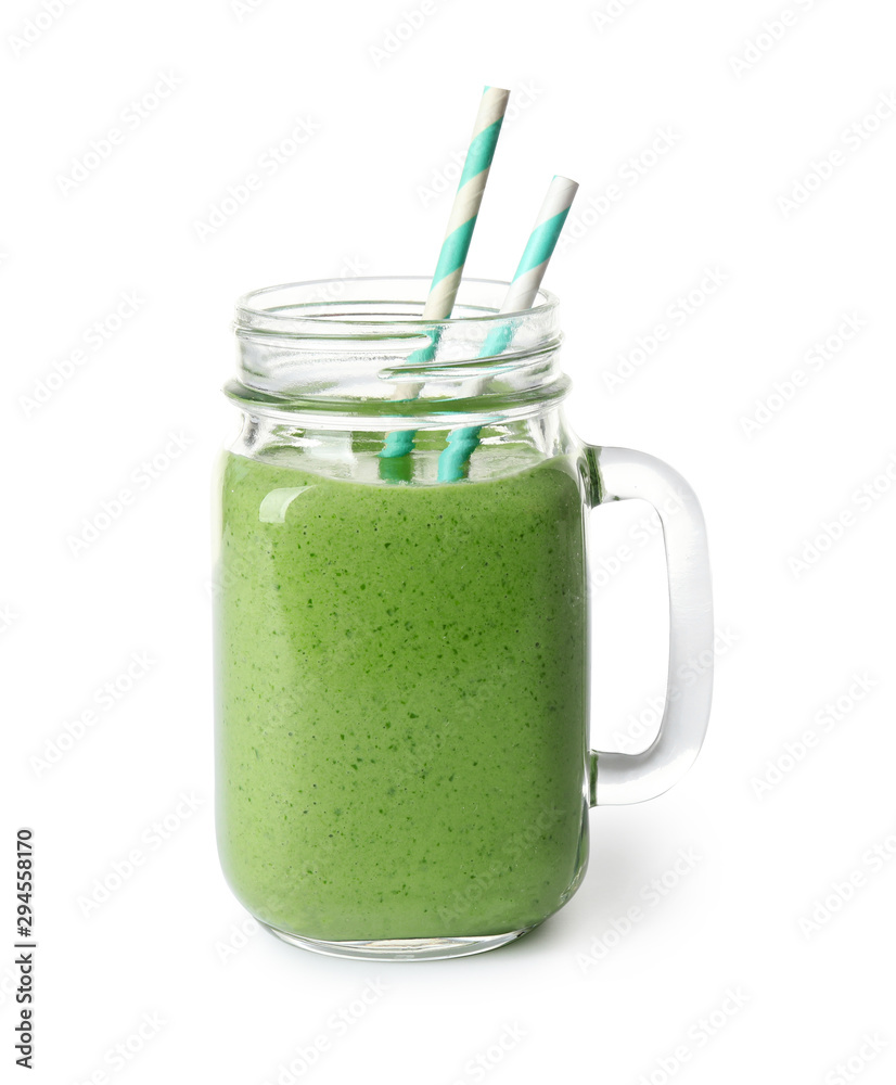 Mason jar of healthy green smoothie with fresh spinach on white background Mason jar of healthy green smoothie with fresh spinach on white background