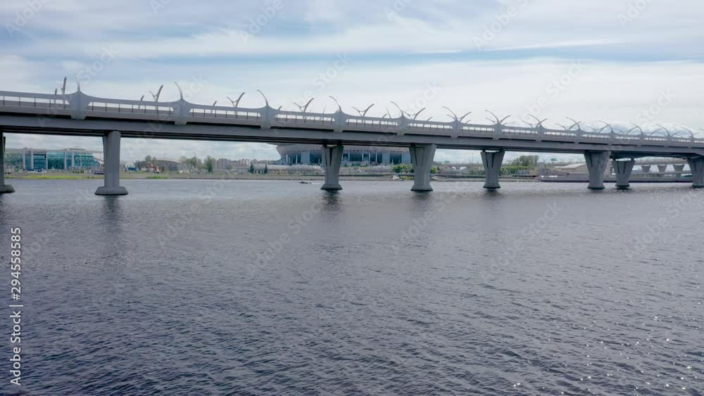 Aerial Drone slow tracking Shot of the Western High-Speed Diameter Bridge, Gulf of Finland in Saint Petersburg, Russia Aerial Drone slow tracking Shot of the Western High-Speed Diameter Bridge, Gulf of Finland in Saint Petersburg, Russia