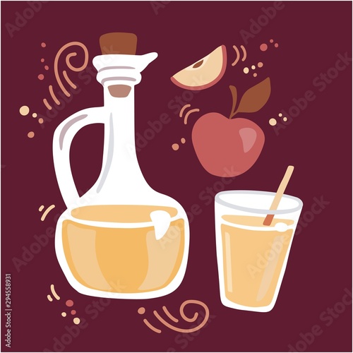 Modern vector illustration Apple cider vinegar. Pitcher with fermented vinegar  glass of a drink  and fresh fruits.  