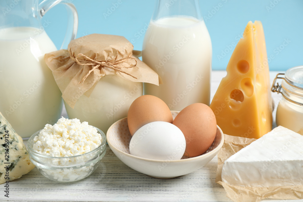 Different dairy products on white table, closeup Different dairy products on white table, closeup