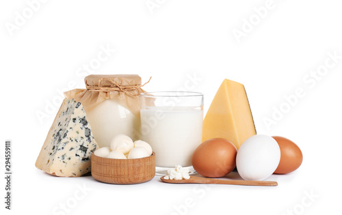 Set of different dairy products isolated on white