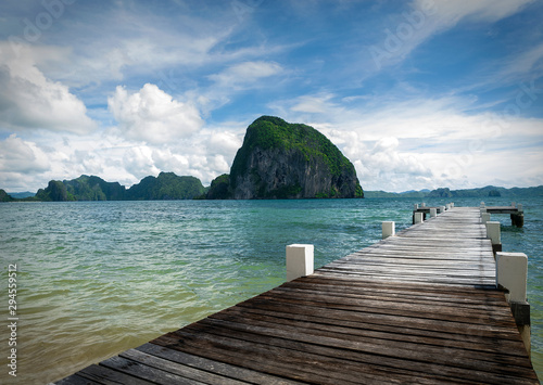 Far view of Miniloc Island from the pier at Las Caba  as Beach  El Nido  Palawan Province  Philippines