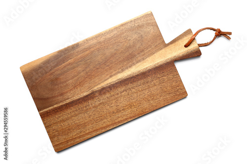 Empty wooden board isolated on white, top view