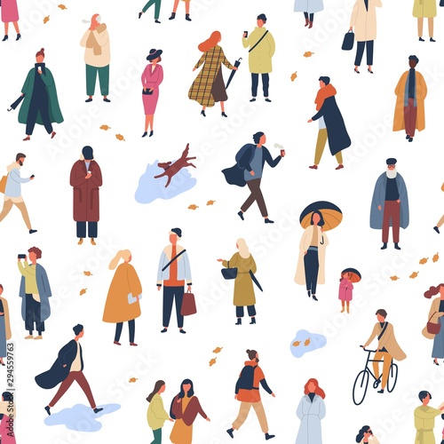 Tiny people in trendy clothes flat vector seamless pattern. Young and old women and men in autumn clothing decorative backdrop. Stylish guys and girls wearing fall season outerwear wallpaper design.