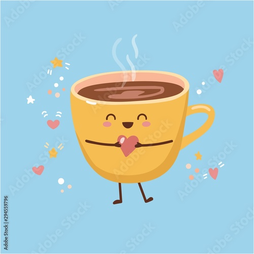 Cute vector illustration of a yellow cup of hot coffee with steam and heart in hands.
