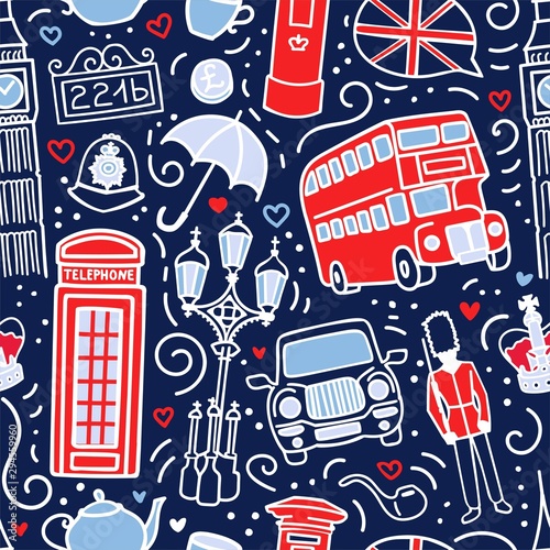 Vector seamless pattern with symbols of London, Great Britain. Hand drawn doodle elements in blue, white and red colors. Endless background for print, wallpaper, textile design on the UK theme. 