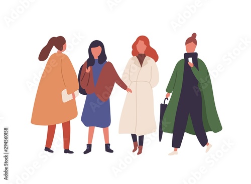 Women in fall season outfits flat vector illustration. Stylish girls walking ...