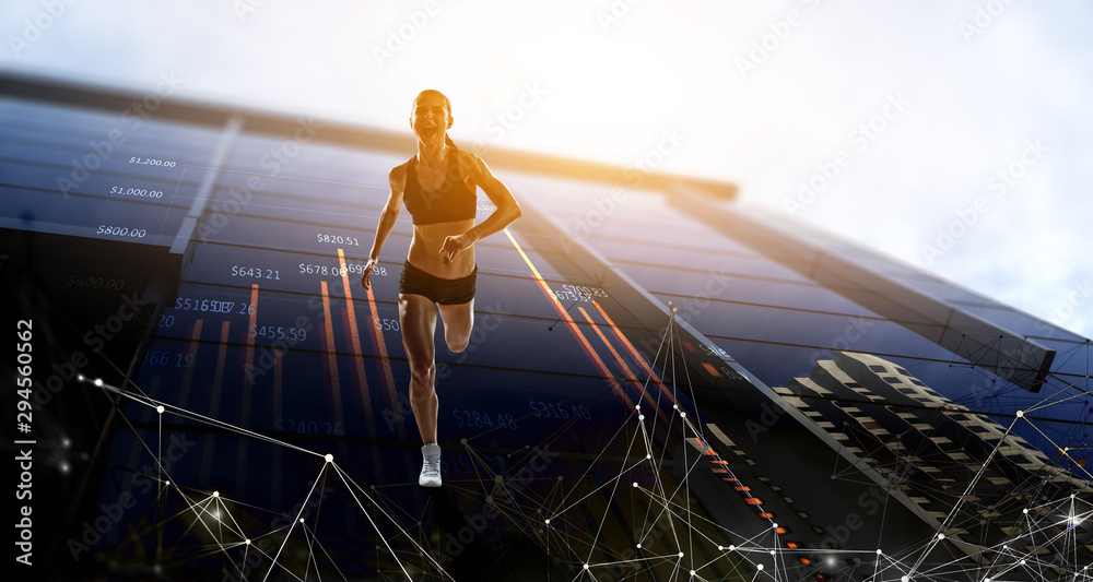 Obraz premium Sportswoman run race. Mixed media