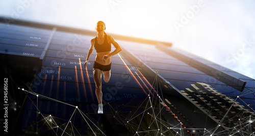 Sportswoman run race. Mixed media