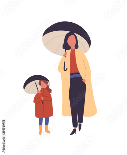Mother and daughter with umbrellas flat vector illustration