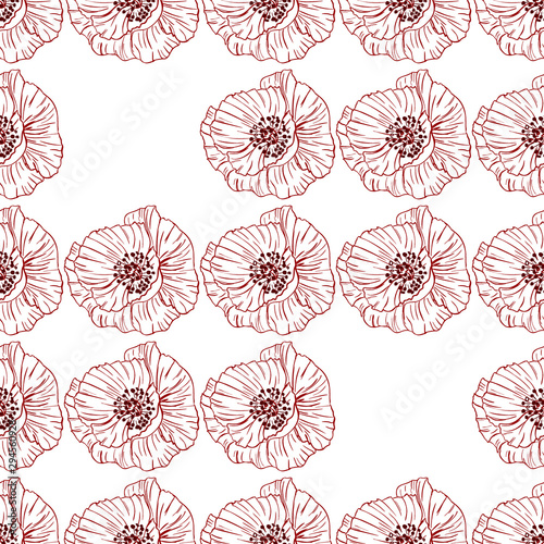 Flourish poppies pattern in line art style. Poppy flower line art. Botanical seamless vector texture. Colorful background blossoming bloomy vector. Wildflowers handcrafted artsy poppy surface design