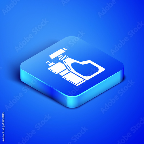 Isometric Plastic bottles for liquid laundry detergent, bleach, dishwashing liquid or another cleaning agent icon isolated on blue background. Blue square button. Vector Illustration