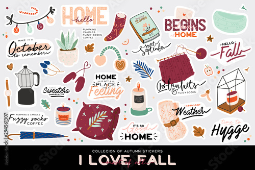 Cute illustration with autumn and winter cozy elements. Isolated on white background. Motivational typography of holidays hygge quotes. Scandinavian danish style. Vector