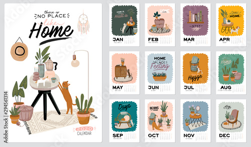 Wall calendar. 2020 Yearly Planner with all Months. Good school Organizer and Schedule. Cute home interior background. Motivational quote lettering. Flat vector illustration in trendy style