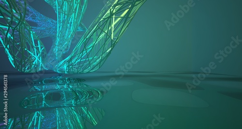 Abstract architectural smooth white interior of a minimalist wires with color gradient neon lighting and water. 3D illustration and rendering.