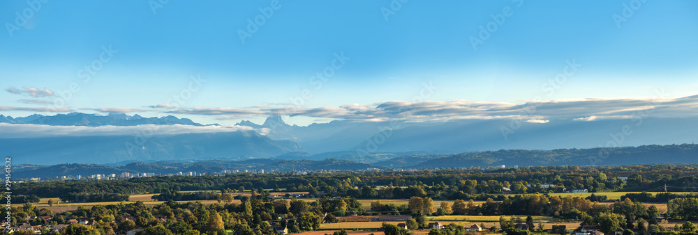 landscape of Pau city, Pyrenees mountains on background
