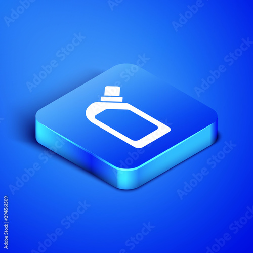 Isometric Plastic bottle for liquid laundry detergent, bleach, dishwashing liquid or another cleaning agent icon isolated on blue background. Blue square button. Vector Illustration
