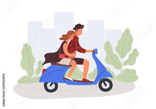 Boyfriend and girlfriend riding scooter flat vector illustration